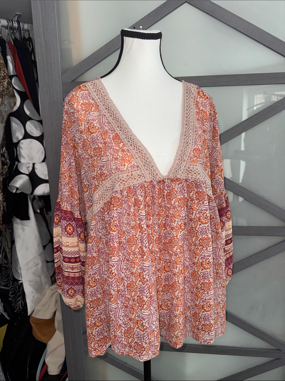 Cato Paisley Floral V-Neck Blouse — Orange & Cream